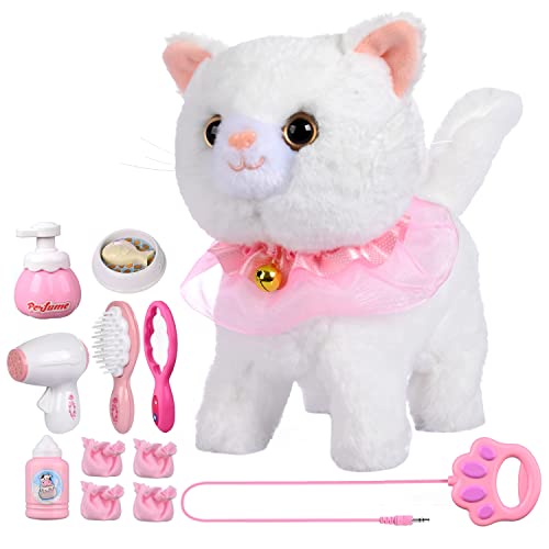 Remote Control Electronic Plush Cat Toy Pet for Girls Kids Interactive Toys, Walks, Barks, Pretend Dress Up Realistic Stuffed Animal for Age 3 4 5+ Years Old Best Gift (Cat-White)