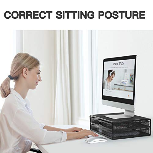 Monitor Stand, Monitor Stand with Drawer, Monitor Riser Mesh Metal, Desk Organizer, Monitor Stand with Storage, Desktop Computer Stand for PC, Laptop, Printer - HUANUO