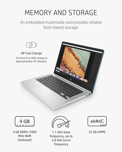 HP Chromebook 14 Laptop, Intel Celeron Processor, 4 GB RAM, 32 GB eMMC, 14” FHD (1920 x 1080) Chrome OS, Webcam & Dual Mics, Work, Entertainment, School, Long Battery Life (14a-na0180nr, 2021)
