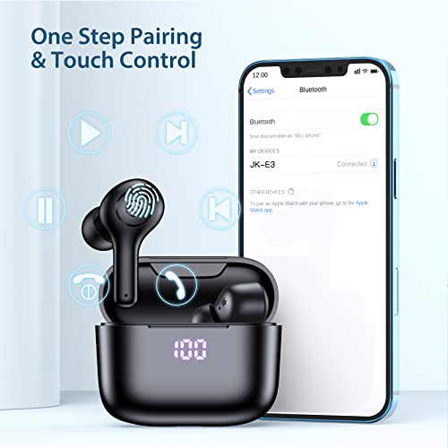 Wireless Earbuds with 4-Mic and Wireless Charging Case Waterproof 50H Playback Bluetoth Headphones LED Power Display Stereo Earphones, Touch Control in-Ear Headset with USB-C for Sports Work Black