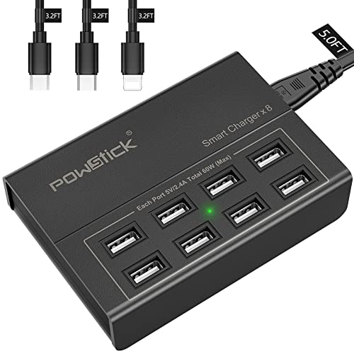 USB Charger Station,Powstick 8 Ports Charging Hub 60W/12A, Included 3 Mixed Cables,Desktop Compact Multi Port USB Charger Compatible Phone, iPad Tablet and Multiple Device(5ft Detachable Cord,Black)