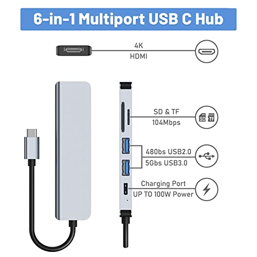 USB C Hub Multiport 6 in 1 USB C Adapter with 4K HDMI, SD/TF Card Reader, USB 3.0/2.0 Ports, Type C 100W PD Quick Charging Compatible for MacBook Pro and More Type C Laptop Devices