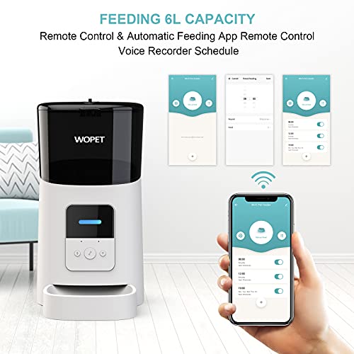 WOPET 6L Automatic Cat Feeder,Wi-Fi Enabled Smart Pet Feeder for Cats and Dogs,Auto Dog Food Dispenser with Portion Control, Distribution Alarms and Voice Recorder Up to 15 Meals per Day (White)