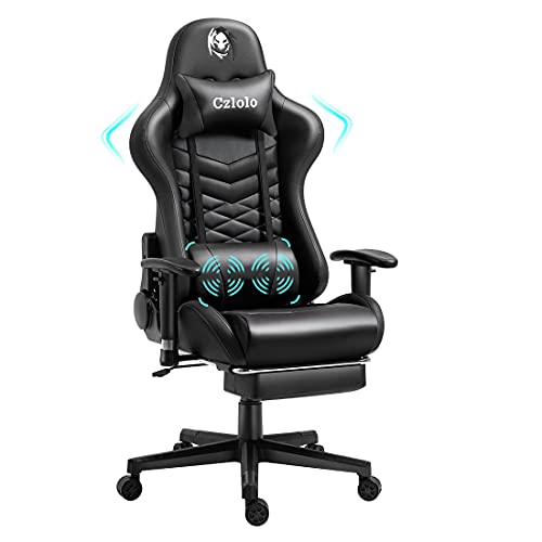 Massage Gaming Chair with Footrest, Ergonomic Computer Office Chair, Racing Style, Adjustable Armrests, Easy Assembly, Black