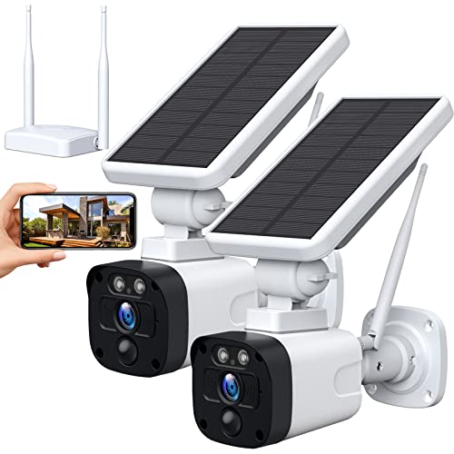 2 Pack Wireless Solar Security Camera System Outdoor WiFi, 3MP Solar Camera System Wireless with Base Station for Home Security, Night Vision, PIR Motion Detection, 2-Way Audio, App Alert, Waterproof