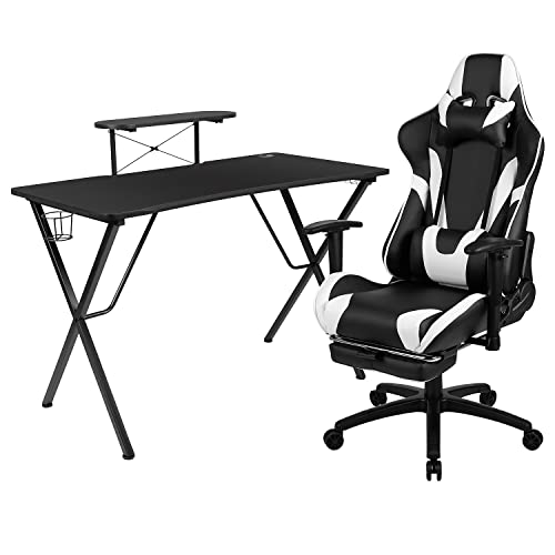 Flash Furniture Black Gaming Desk and Black Footrest Reclining Gaming Chair Set with Cup Holder, Headphone Hook, and Monitor/Smartphone Stand