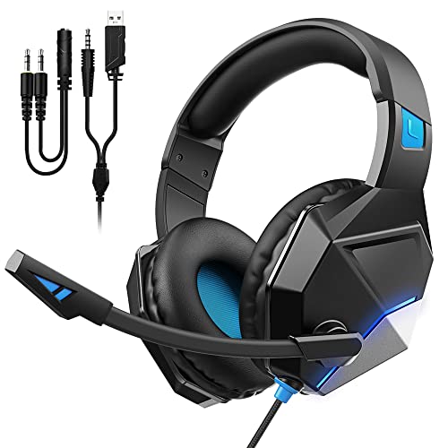 Wired Gaming Headset with Noise Cancelling Microphone, Gaming Headphones with RGB LED Light, 3D Sorround Sounds Over Ear Gaming Headset for PS4 PS5 Xbox-One PC Switch, 3.5 mm Audio Jack & USB