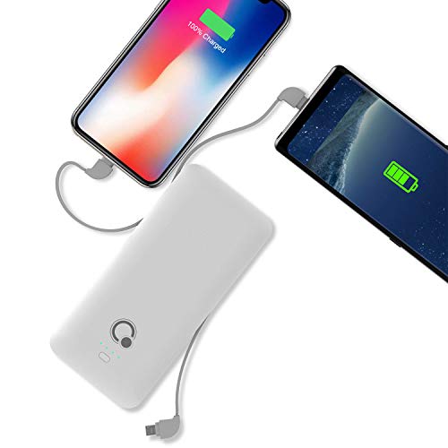 10000mAh Q Portable Charger, Ultra Slim USB C Power Bank, 4 Output Dual Input External Battery Pack with Built-in AC Wall Plug,Built in Micro and USB C Three Cables Compatible with All mobilephone