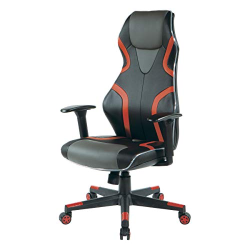 OSP Home Furnishings Rogue High-Back LED Lit Gaming Chair, Black Faux Leather with Red Trim and Accents