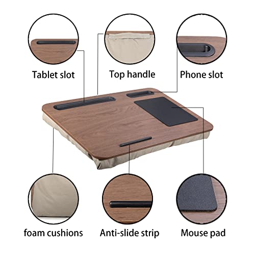 YUELAKE Lap Desk Brown, Portable Laptop Desk Fits Up to 17" Laptops, with Tablet & Phone Slot, Mouse Pad, Great for Home & Office