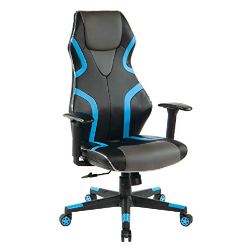 OSP Home Furnishings Rogue High-Back LED Lit Gaming Chair, Black Faux Leather With Blue Trim and Accents