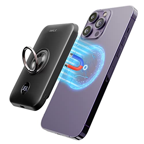 iWALK Magnetic Wireless Power Bank, 6000mAh Portable Charger with Finger Holder, Stronger Magnet Stick for Phone with Unique Mag-Suction Tech, Only Compatible with iPhone 14/13/12 Pro Max