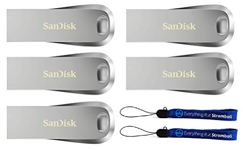 SanDisk Ultra Luxe 256GB USB 3.1 Flash Drive (Bulk 5 Pack) Works with Computer, Laptop, 150MB/s 256 GB PenDrive High Speed All Metal (SDCZ74-256G-G46) Bundle with (2) Everything But Stromboli Lanyards