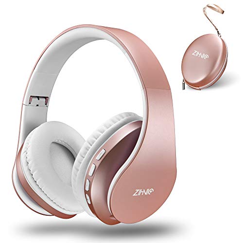 Bluetooth Headphones Over-Ear, Zihnic Foldable Wireless and Wired Stereo Headset Micro SD/TF, FM for Cell Phone,PC,Soft Earmuffs &Light Weight for Prolonged Wearing(Rose Gold)