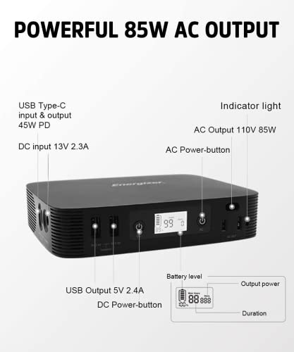 Energizer 85W Portable Power Station, 99.9Wh Backup Lithium Battery Pack with PD 45W Fast Charging, Power Bank with 110V AC Outlet, Portable Laptop Charger for Outdoor Camping Emergency Home