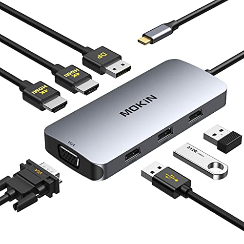 USB C to Dual HDMI Adapter, 7 in 1 USB C Docking Station to Dual HDMI, USB C Adapter with Dual HDMI, VGA, 3 USB 2.0,Displayport Port Compatible for Dell XPS 13 15, Lenovo Yoga, Huawei Matebook, etc.