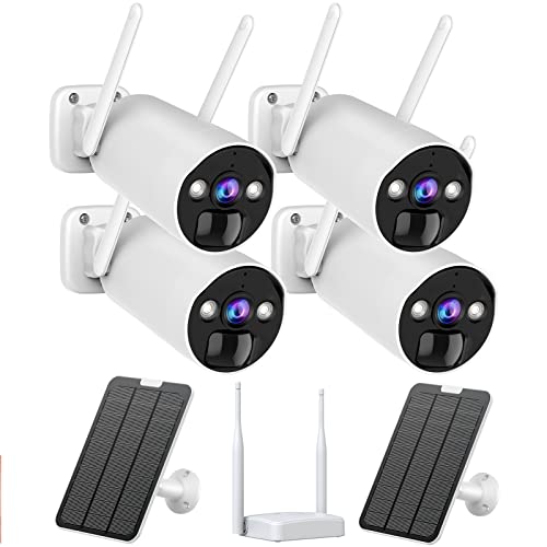 【3MP Color Night Vision + Motion Detection】CAMCAMP Wireless Home Security System, Include 2 Solar Panel & Base Station & 4 Camera, 180-Day Battery Life, 2 Way Audio, APP Remote, for Outdoor and Indoor