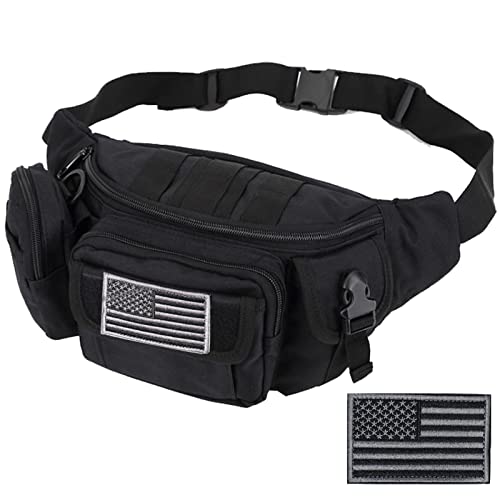 Tactical Fanny Packs, Military Waist Bag Utility Hip Belt Bags for Hiking Climbing Fishing Cycling Hunting with U.S Patch (Black)