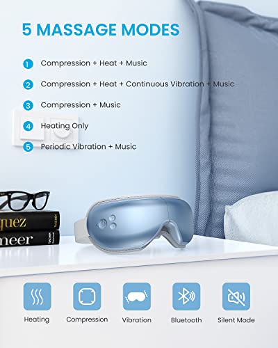 Eye Massager for Migraine with Heat, Renpho Eye Machine with Compression, Silent Mode, Bluetooth and New Remote Control, Eye Massage Mask for Eye Relax, Reduce Dry Eyes, Dark Circles, Improve Sleep