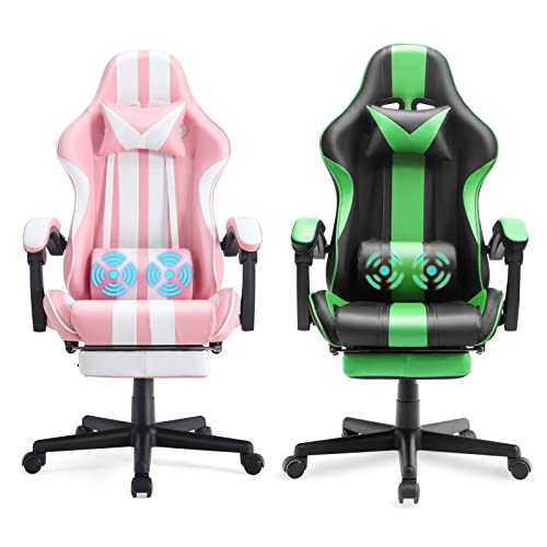 Ferghana Pink and Green Gaming Chairs with Footrest,Computer Game Chair,Massage Gaming Chairs,Christmas,Xmas Gift,PC Gaming Chairs for Adults Teens for Gaming Live Streaming Room