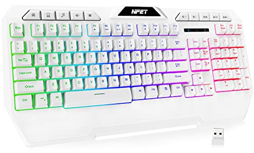 NPET K32 Wireless Gaming Keyboard, LED Backlit Computer Keyboard with 10 Dedicated Multimedia Keys & Wrist Rest, 2.4G Rechargeable Ergonomic Keyboard for Windows/Desktop/Computer/PC, White