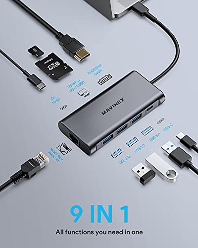 USB C Hub 9 in 1, MAVINEX 4K HDMI USB C Docking Station, 100W Power Delivery, 5Gbps USB-C Data Port, 3 USB 3.0 Ports, MicroSD/TF, 1Gbps Ethernet Adapter for MacBook, Dell XPS, More Type C Devices