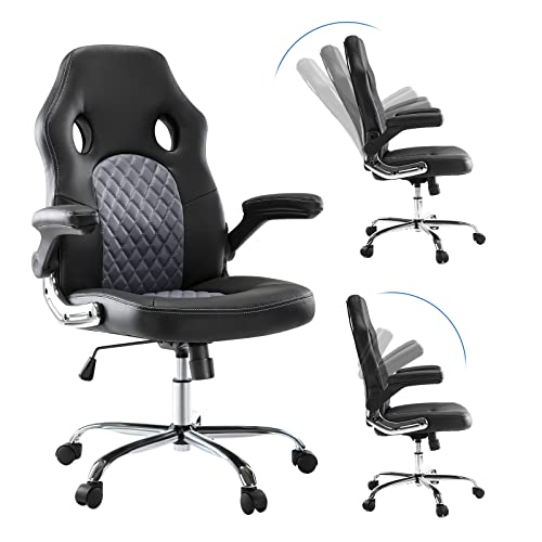 JHK Gaming Chair Ergonomic Office Chair, PU Leather Gamer Chair with Padded Flip-up Armrests and Lumbar Support, Height Adjustable Computer Desk Chair PC Gaming Chair for Adults Teens, Grey