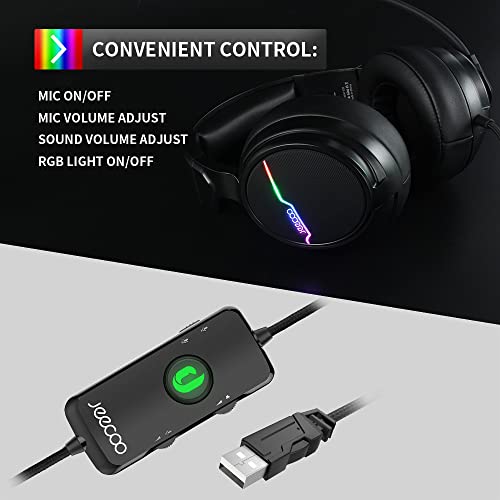 Jeecoo USB Pro Gaming Headset for PC - 7.1 Surround Sound Headphones with Noise Cancelling Microphone- Memory Foam Ear Pads RGB Lights for Laptops