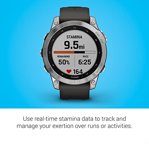 Garmin fenix 7, adventure smartwatch, rugged outdoor watch with GPS, touchscreen, health and wellness features, silver with graphite band