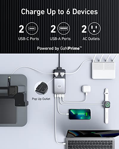 Anker 727 Charging Station ( GaNPrime 100W ), Compact Power Strip for Travel and Work, 5ft Detachable Extension Cord with 2 Outlets and 4 USB Ports, for iPhone 13, Samsung, iPad, MacBook, and More.