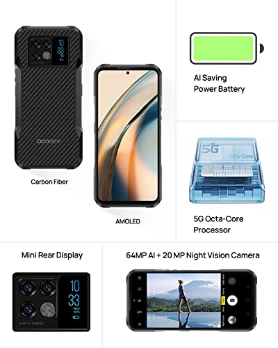 5G Rugged Smartphone DOOGEE V20 (2022) 8GB+256GB 6.43'' AMOLED DotDisplay 64MP+20MP Night Vision Camera Unlocked Cell Phone Android 11 33W Fast Charge 6000mAh Dual SIM IP68 Waterproof Smartphone NFC