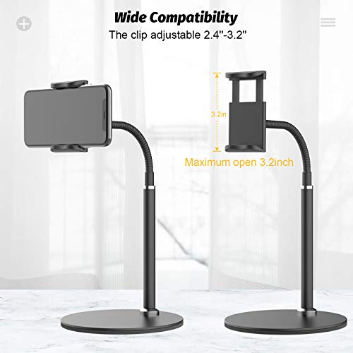 Cell Phone Stand, Adjustable Height & Angle Phone Holder Gooseneck Flexible Arm Universal Phone Stand for Desk, Aluminum Alloy Desktop Cell Phone Holder Compatible with 3.5"-6.5" Device (Black)