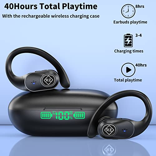 RIZIZI Wireless Earbuds Bluetoth Headphones with Wireless Charging Case and LED Digital Display 40hrs Playtime Built in Mic Waterproof Earphones with Over Earhooks Bass Sound Headset for Sport Gym