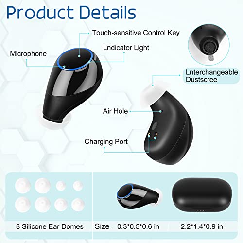 KIBVOE Hearing Aids for Seniors Rechargeable with Noise Cancelling, Hearing Amplifier for Adults with Severe Hearing Loss, 8 Channels Digital Sound Process with Smart Touch Control and Auto On & Off (mini Black, Pair)