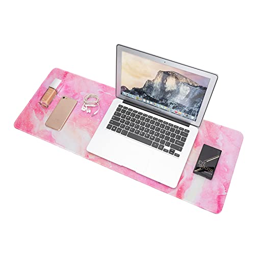 Agirlvct Desk Pad Protector,Cute Mouse Pad,Marble Office Desk Mat,Non-Slip Desk Pad for Keyboard and Mouse,Laptop Desk Leather Cover,Waterproof Writing Mat for Office Home (Pink,31.5" x 11.8")