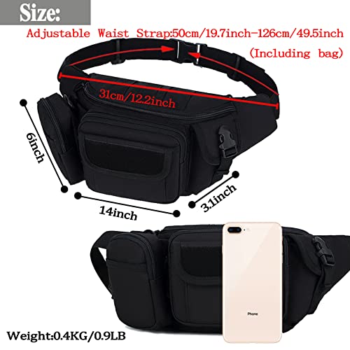 Tactical Fanny Packs, Military Waist Bag Utility Hip Belt Bags for Hiking Climbing Fishing Cycling Hunting with U.S Patch (Black)