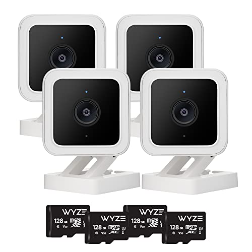 Wyze 24/7 Recording DIY Home Security System, Indoor/Outdoor, AI Person Detection, Color Night Vision, Compatible with Alexa, Up to 28 Days of Rolling Security Footage, 4 Camera + 4 SD Card Kit