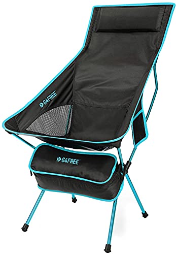 G4Free Lightweight Portable Camping Chair Outdoor Folding Backpacking High Back Camp Lounge Chairs with Headrest and Pocket for Sports Picnic Beach Hiking Fishing (Blue)