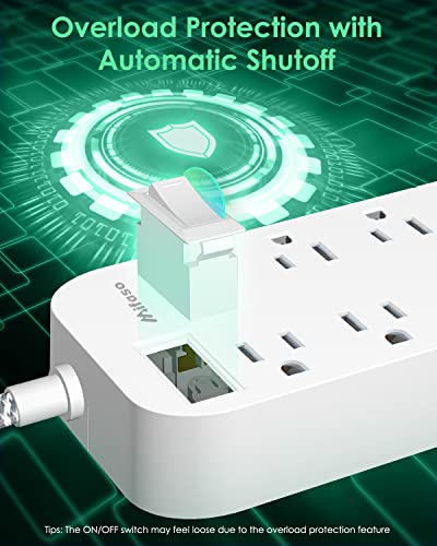 Power Strip - 10 FT Long Flat Plug Extension Cord, 6 Outlets 3 USB Ports Outlet Extender with Overload Protection, Wall Mount, Desktop Charging Station for Home, Office and Dorm Essential