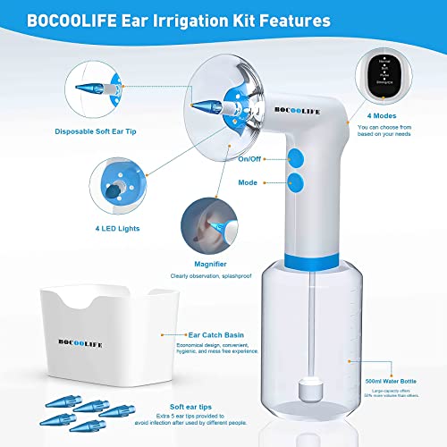 BOCOOLIFE Electric Earwax Remove Removal Ear Irrigation System Kit - Ear Irrigation Cleaner, Ear Cerumen Wax Washer, Safe and Easy Ear Cleaning with 4 Pressure Levels,5 Disposable Tips & Ear Basin…