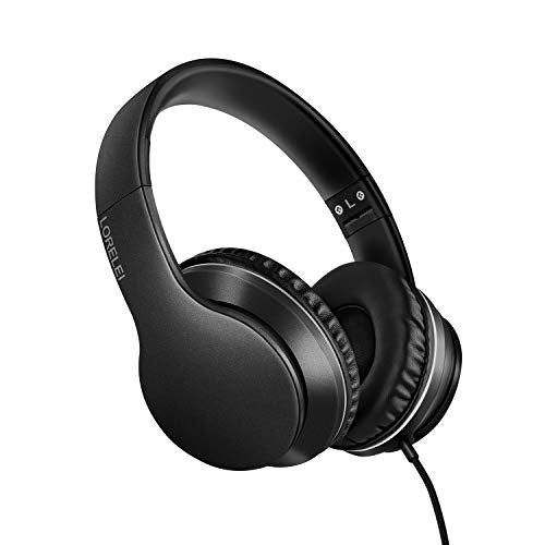 LORELEI X6 Over-Ear Headphones with Microphone, Lightweight Foldable & Portable Stereo Bass Headphones with 1.45M No-Tangle, Wired Headphones for Smartphone Tablet MP3 / 4 (Space Black)
