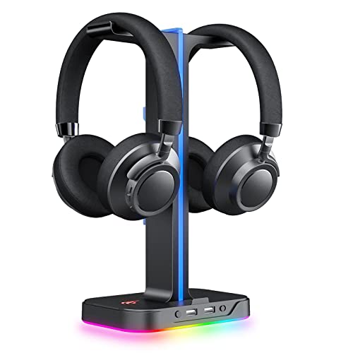 Havit RGB Gaming Headphone Stand Desk Dual Headset Hanger Base with Phone Holder & 2 USB Ports for Desktop PC Game Earphone Accessories