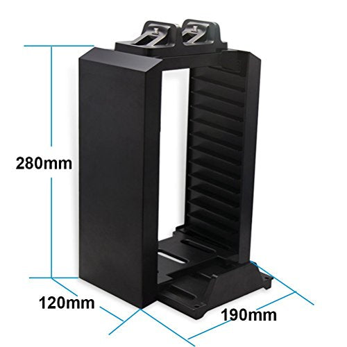 Amever-PS4 Storage Tower Holder Stand & Dual Charger Dock for Sony Dualshock 4 Controller/Gamepad Joystick - Playstation 4 Console Controllers Charging Station - Stores 12 Games - Playstation 4