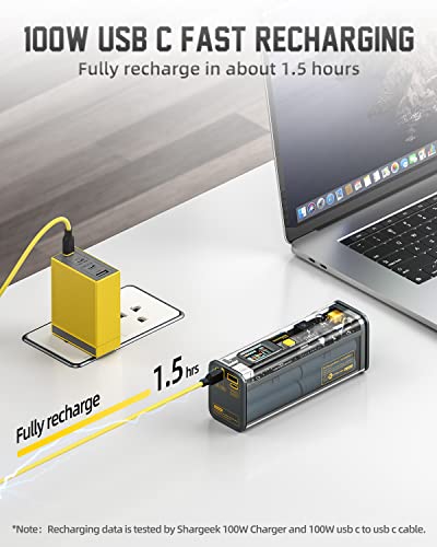 Shargeek Portable Charger, Storm 2 100W 25600mAh Laptop Power Bank, World's First See Through Battery Pack with IPS Screen, DC & 2 USB C & USB Ports for MacBook Pro/Dell XPS, iPad/iPhone 13 and More