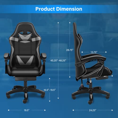 YSSOA FNGAMECHAIR01 Gaming Office High Back Computer Ergonomic Adjustable Swivel Chair with Headrest and Lumbar Support, with footrest, Black/Grey