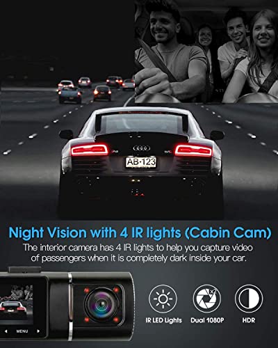 Dash Cam Abask,Dash cam Front and Inside with 32G SD Card,1080P+1080P Dash Camera for Cars, 310° Wide Angle ,Night Vision WDR G-Sensor Parking Monitor Loop Recording Motion Detector