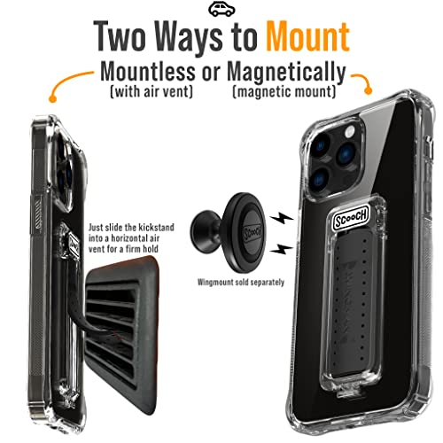 Scooch iPhone 14 Pro Max Case with Stand, Phone Grip, and Car Vent Mount [Wingman] with $100 Device Coverage, Military Grade Drop Protection, Three-Way Kickstand, Works w/ Magnetic Car Mounts (Clear)