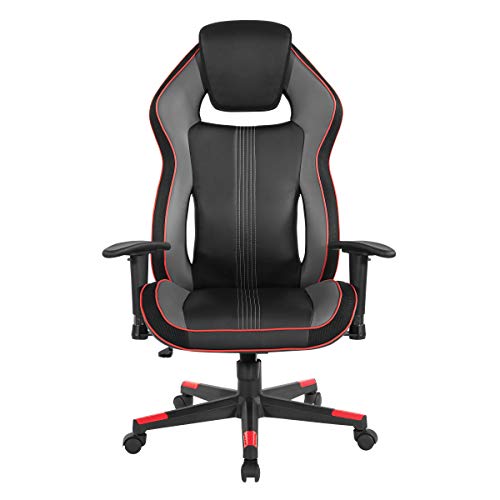 OSP Home Furnishings BOA II Ergonomic Adjustable High Back Gaming Chair with Thick Padded Coil Spring Seat, Built-in Lumbar Support and Headrest, Black with Red Accents