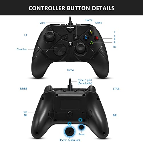 Replacement for Xbox One Wired Controller,Black USB Gamepad Joystick Controller for Xbox One/S/X/PC Windows 10 with 3.5mm Audio Jack, Back Button Attachment, Turbo Key