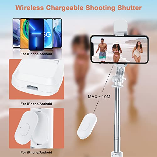 BEFAME Selfie Stick Tripod with Remote, Extendable Cell Phone Tripods with LED Ring Light. (White, Model Q02s)